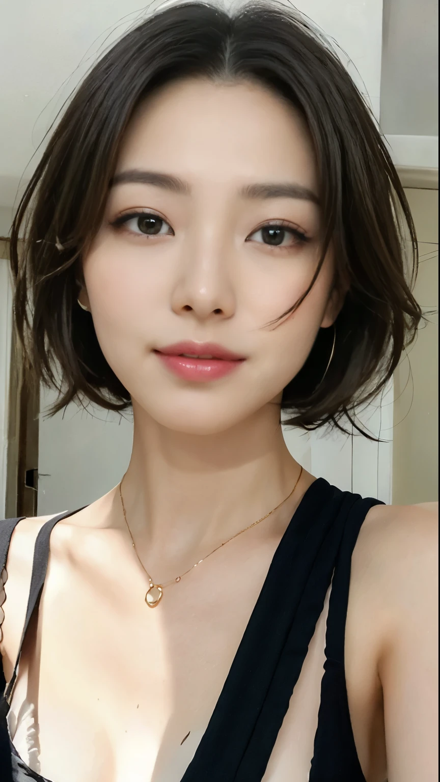 (masterpiece: 1.3), (8K, realistic, Raw photo, highest quality: 1.4), close up of face, portrait, Japanese, (one woman), beautiful face, (realistic face), (black hair, short hair: 1.3), Beautiful Hairstyles, realistic eyes, detailed and beautiful eyes, (realistic skin), beautiful skin, Charm, 超High resolution, Super realistic, High resolution, golden ratio, (detailed face: 1.2), looking at the viewer, smile, good cleavage white shirt, big breasts,