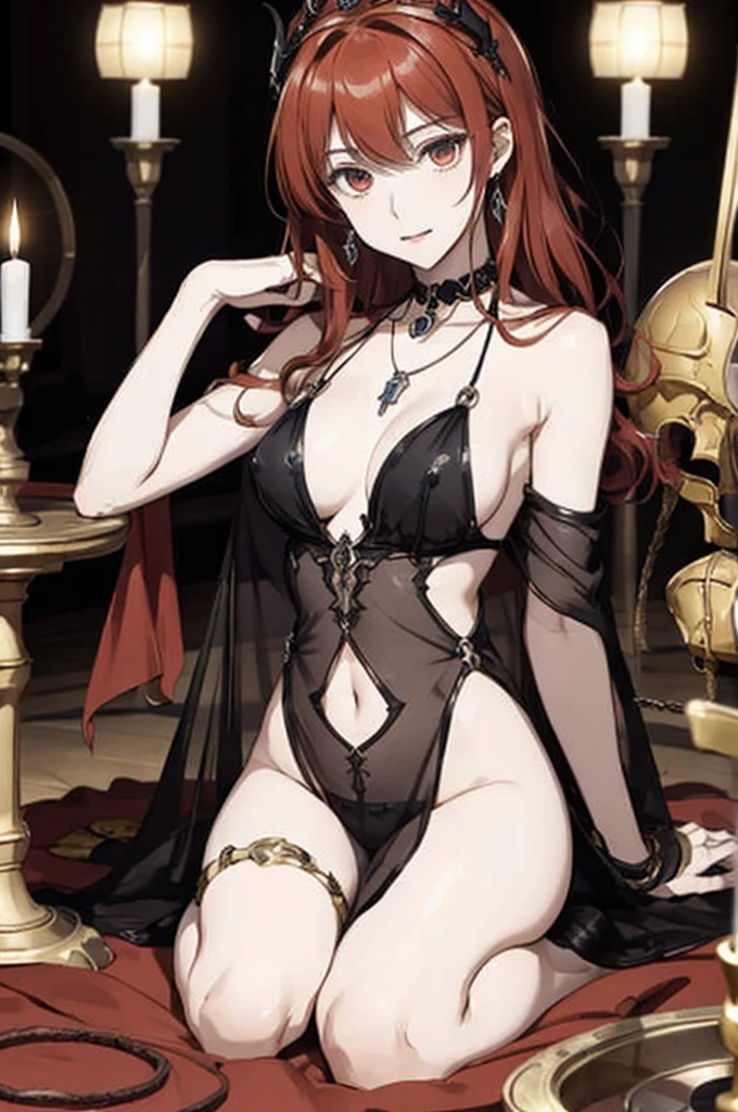 ((highest quality)), ((masterpiece)), (be familiar with), perfect face、The Enchanting Body of Celica（FE）、Red hair、best proportions、semi-long、necklace、bangle、Caster wheel、circlet、luxury accessories、first round、naked、Fallen into evil、Soul-draining、blank look、Engagement Rings、empty eyes、not wearing clothes、naked、open your legs wide、pussy、Laid on a golden altar、Ritual of Summoning Demons、dark room、Red magic circle on the floor、Lots of candlesticks and candles、sacrifice、darkness、black sheets、Devil's Altar、悪魔へのsacrifice、naked、Suspicious rituals、Skull Object、Big magic circle on the floor、Skull Candlestick、luxury jewelry、Offered on the altar、Be baptized by the devil、naked、、Skeleton Crown、Large black decorated gemstone pendant、empty eyes、Give your soul to the devil、Make a deal with the devil、naked、black see-through、Racy Leotard Dress、Demon Priest