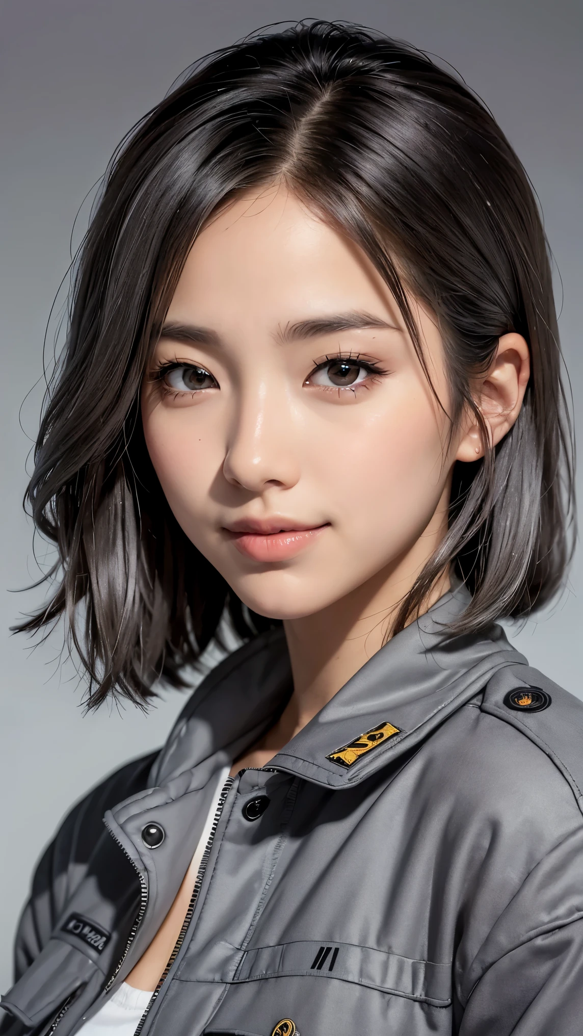 Realistic, masterpiece, highest quality, highest resolution, A portrait depicting only the upper body of a Japanese woman, A happy smile, slightly turned to the side, definitely looking at the audience, beautiful detailed eyes, black eyes, sparkling eyes, (hidden creased eyelids:1.2), thin eyebrows, Carefully draw eyelashes, natural makeup, middle hair, silver hair, detailed face, (Grey military jacket, MA-1:1.3)