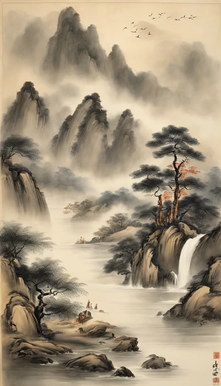 Chinese landscape painting，Ink painting and watercolor painting，figure，scholar，Lao Tzu，，ink，soiled，Vision，Ultra-wide viewing angle，meticulous，distant ship，Vision，meticulous，soiled，low saturation，low contrast，The boat has passed the Ten Thousand Mountains，Beautifully depicted，detailed，Acura，masterpiece，masterpiece