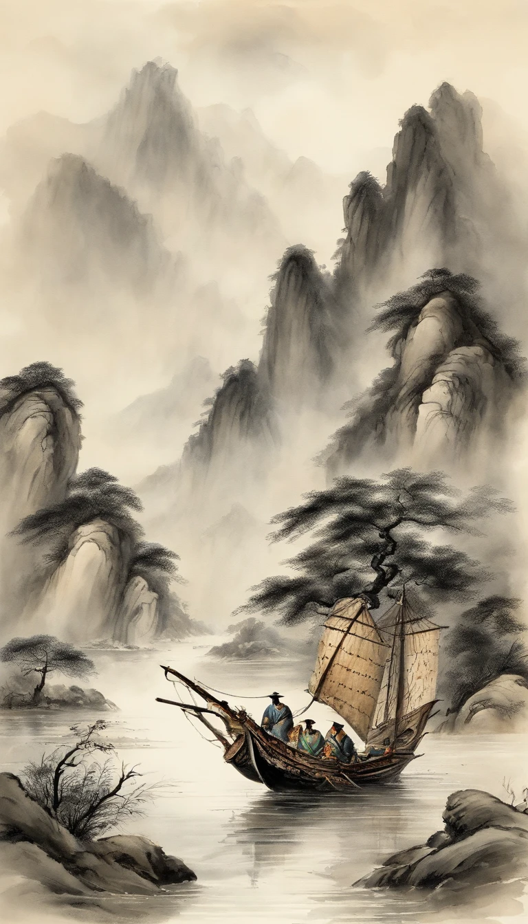 Chinese landscape painting,Ink painting and watercolor painting,figure,scholar,Lao Tzu,,ink,soiled,Vision,Ultra-wide viewing angle,meticulous,distant ship,Vision,meticulous,soiled,low saturation,low contrast,The boat has passed the Ten Thousand Mountains,Beautifully depicted,detailed,Acura,masterpiece,masterpiece