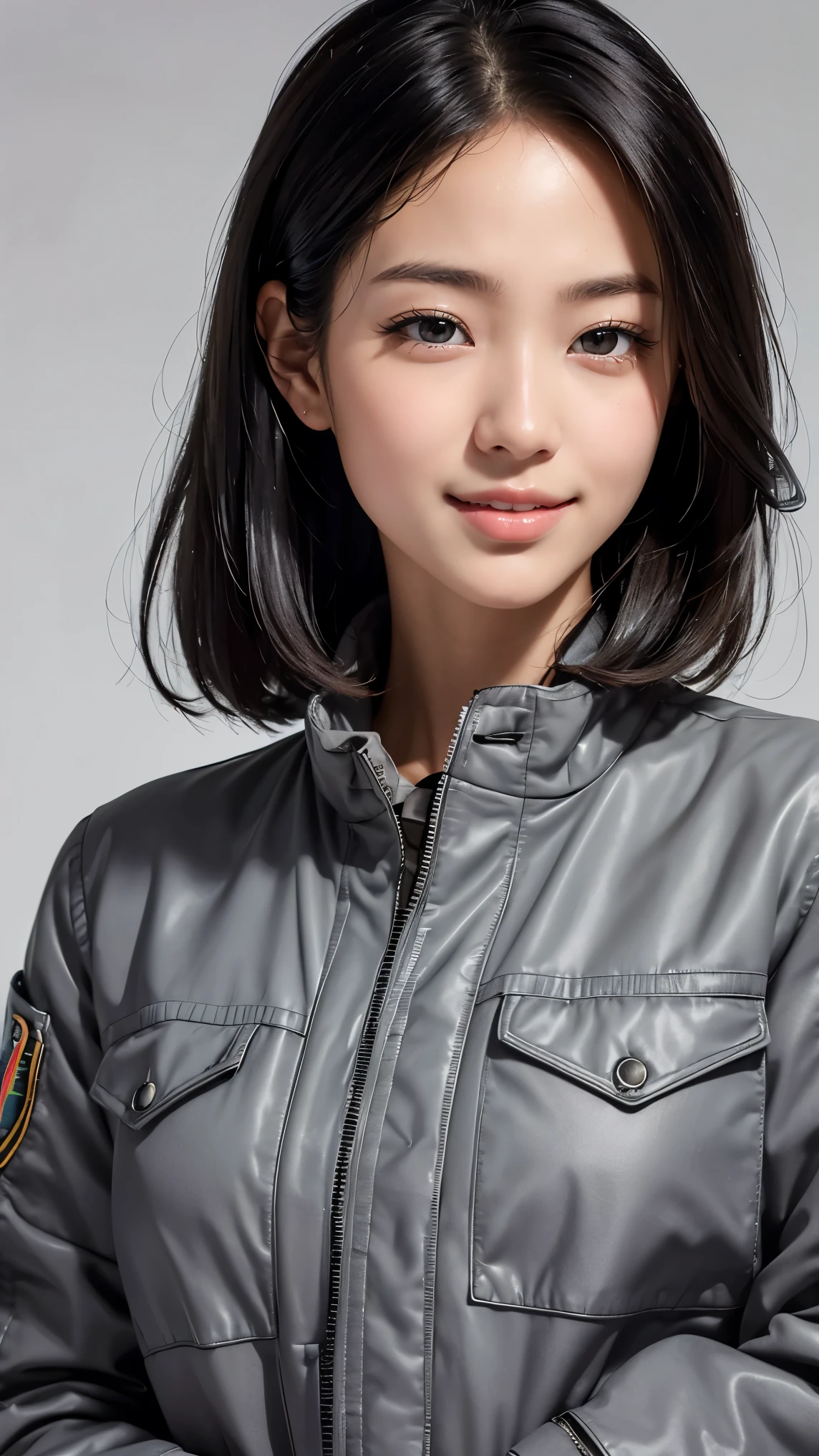 Realistic, masterpiece, highest quality, highest resolution, A portrait depicting only the upper body of a Japanese woman, A happy smile, slightly turned to the side, definitely looking at the audience, beautiful detailed eyes, black eyes, sparkling eyes, (hidden creased eyelids:1.2), thin eyebrows, Carefully draw eyelashes, natural makeup, middle hair, silver hair, detailed face, (Grey military jacket, MA-1:1.3)