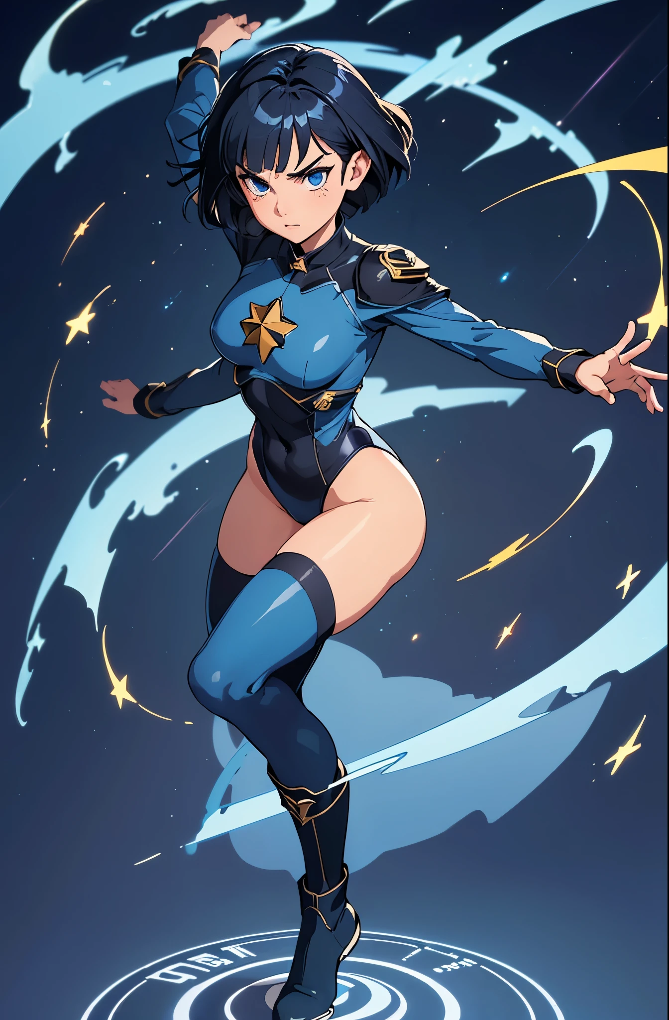 masterpiece, best quality, 1girl, superhero, ((leotard, dark blue leotard)), long sleeves, bare legs, boots, dark blue boots, matching boots, medium breasts, diffraction spikes, light particles, standing, standing straight, dark blue hair, ((short hair, bob hair)), blue eyes, beautiful detailed eyes, beautiful detailed face, cute face, perfect hands, complete fingers, perfect anatomy, perfect proportions, heroic, ((star symbol on the chest)), serious, full body with costume, full body, cowboy shot, ((raised arms, she spins at an incredible speed, creating a whirlwind of air around her, cyclone spinning, spinning pose, spiral lines, spinning energy pulse))