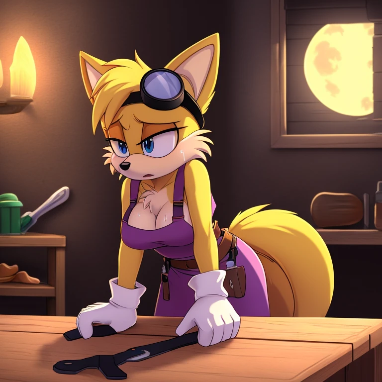 ((masterpiece)), high quality, ((2d, 2d art)), ((sharp, expressive eyes)), (detailed colors, detailed shading, (soft lighting)), detailed background, 1girl, Tails the Fox, yellow hair, (two tails), medium breasts, chest tuft, goggles, apron, work gloves, tool belt, workshop, tools, moonlight, arm support, exhausted, sweating, leaning forward