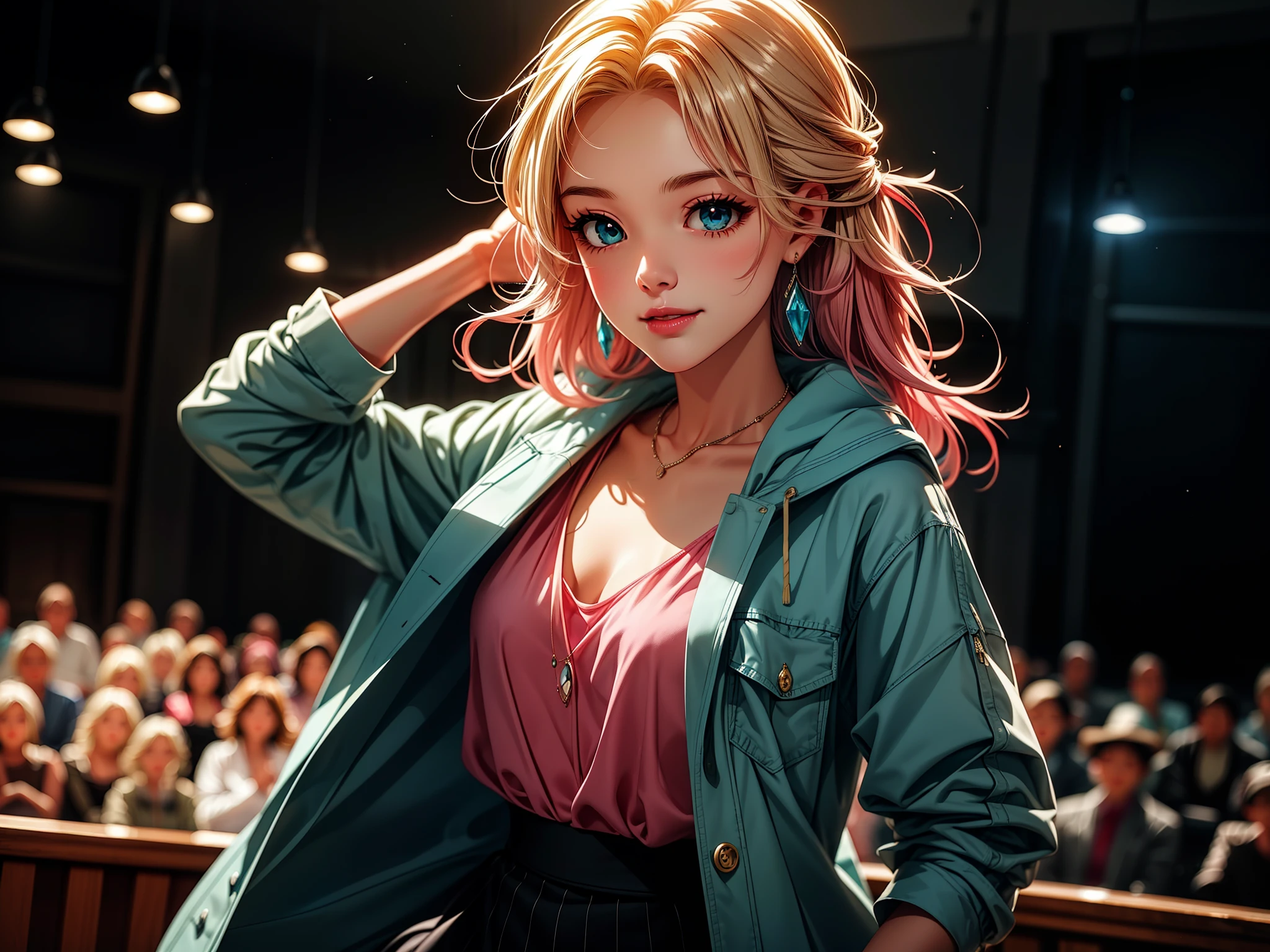 Fayobore style, masterpiece, best quality, 1 girl, 21 years old, Smile, pink lips, aqua eyes, blonde hair gradient pink tail, Medium chest, Keep your mouth shut, crystal earrings, jewelry, looking at the audience, mini skirt, shirt, Blue super short coat, long hair, alone, Cowboy shooting, Put your hands behind your head, dim, dark, high contrast, Caustics