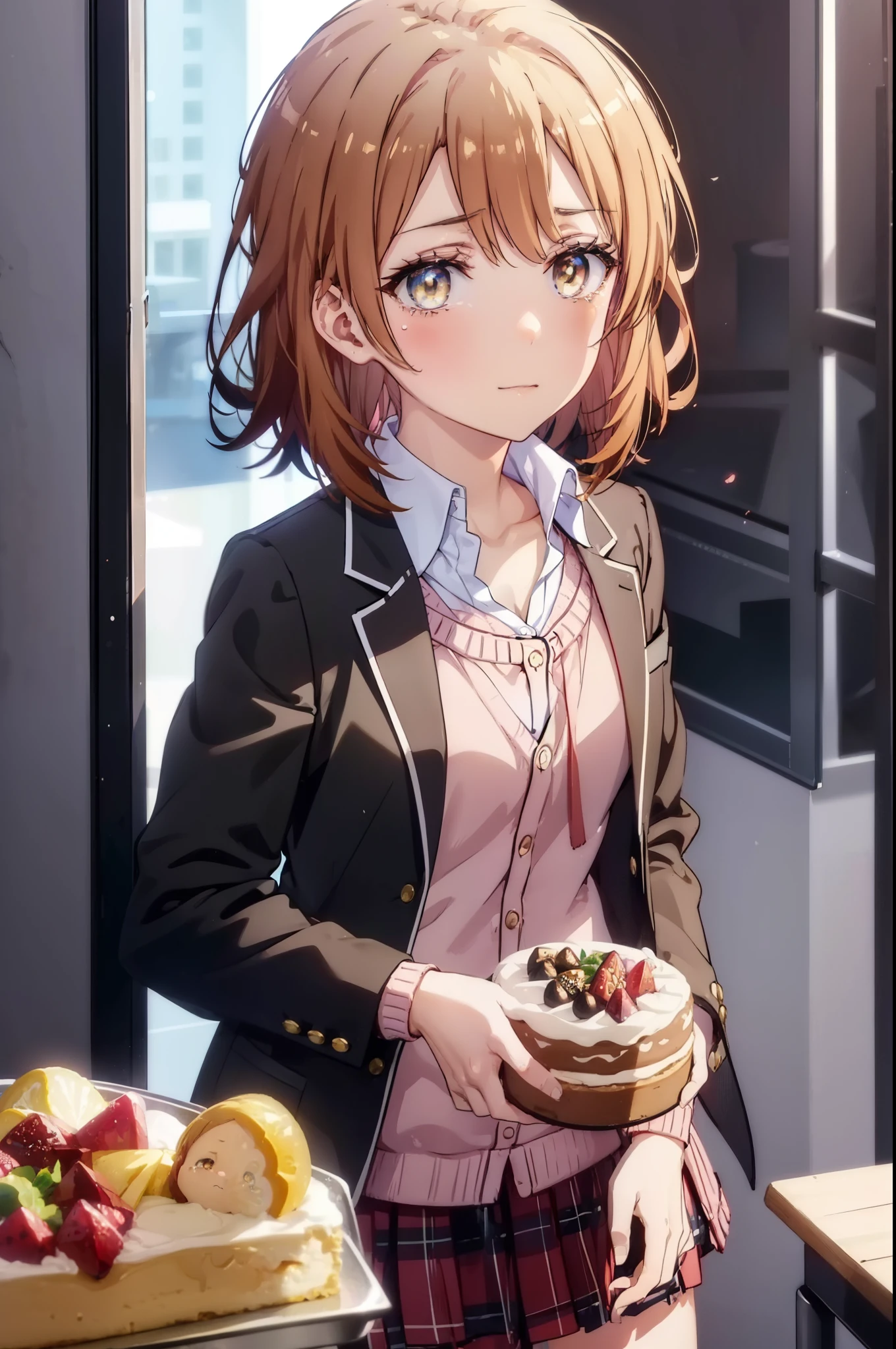 irohaisshiki, Isshiki Iroha, short hair, brown hair, (Brown ruby eyes:1.5), smile,blush,Tears running down her face,Tears of joy、I cry a lot、break skirt, shirt, ribbon, , Jacket, white shirt, open clothes, socks, open Jacket, black Jacket, plaid, knee high, plaid skirt, blazer, cardigan, black socks, pink cardigan,Holding a large bouquet in both hands ,birthday,A birthday cake is on the table,confetti,evening,sunset,The sun is setting,
break indoors,School classroom ,
break looking at viewer,Upper body,(cowboy shot:1. 3)
break (masterpiece:1.2), highest quality, High resolution, unity 8k wallpaper, (shape:0.8), (beautiful and detailed eyes:1.6), highly detailed face, perfect lighting, Very detailed CG, (perfect hands, perfect anatomy),