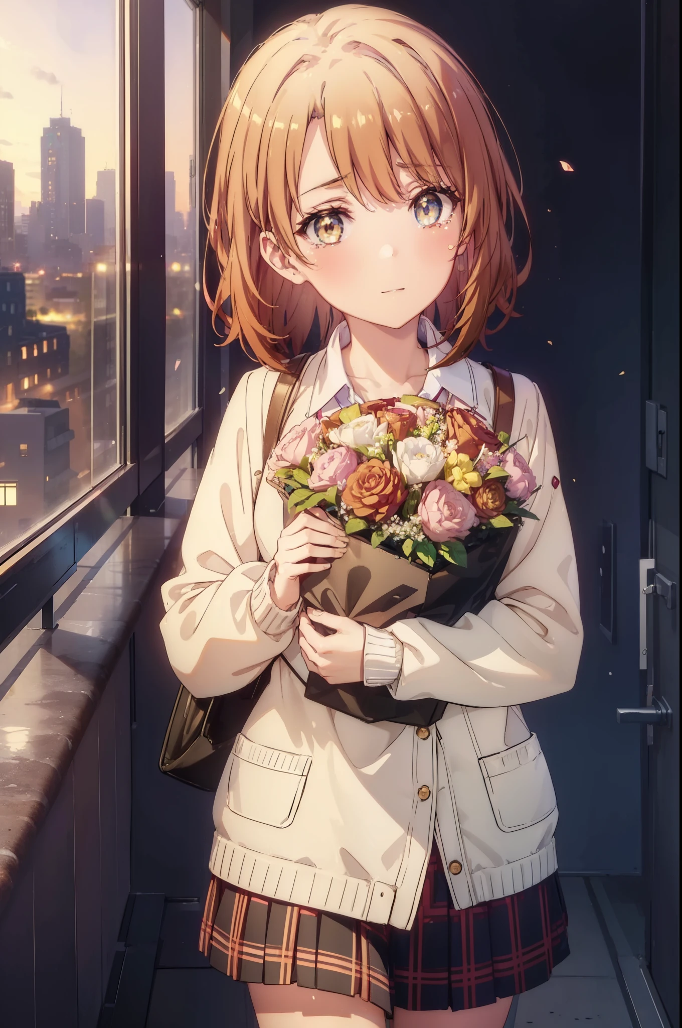 irohaisshiki, Isshiki Iroha, short hair, brown hair, (Brown ruby eyes:1.5), smile,blush,Tears running down her face,Tears of joy、I cry a lot、break skirt, shirt, ribbon, , Jacket, white shirt, open clothes, socks, open Jacket, black Jacket, plaid, knee high, plaid skirt, blazer, cardigan, black socks, pink cardigan,Holding a large bouquet in both hands ,birthday,A birthday cake is on the table,confetti,evening,sunset,The sun is setting,
break indoors,School classroom ,
break looking at viewer,Upper body,(cowboy shot:1. 3)
break (masterpiece:1.2), highest quality, High resolution, unity 8k wallpaper, (shape:0.8), (beautiful and detailed eyes:1.6), highly detailed face, perfect lighting, Very detailed CG, (perfect hands, perfect anatomy),