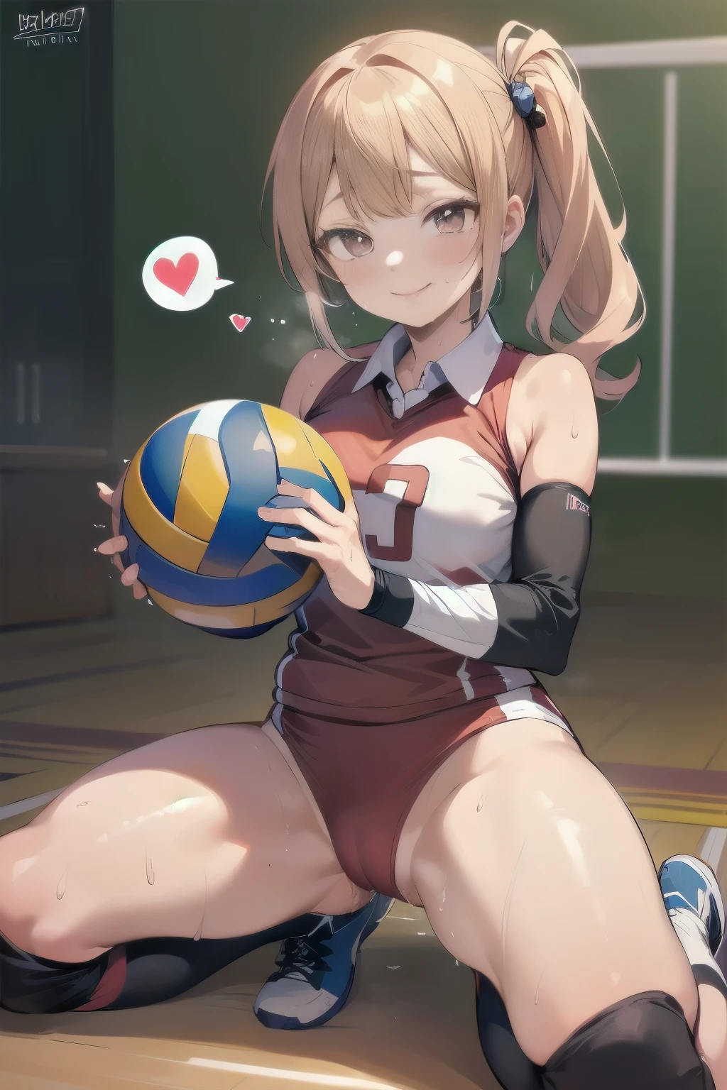 unity 8k wallpaper, anatomically correct, (((masterpiece))), (((best quality))), (((ultra detailed))), (((high-resolution))), ((Ultimate cutie)), perfect hands, perfect finger, (((good anatomy))), detailed beautiful face, shiny hair, (((gyaru))), (potbelly), (curvy), medium breasts, ((Thick thighs)), (((solo))), ((seductive smile)), (((blush))), (Eyes are heart marks), (heart shaped pupils), ((trembling)),
BREAK, (((sit astride the perfectly spherical shape 6-inch volleyball))), (((Straddling a perfectly spherical 6" volleyball))), (((Perfectly spherical 6" volleyball fits perfectly crotch))), BREAK, (((Rub the Perfectly spherical 6" volleyball against crotch))), (masturbation),
BREAK, adidas, (Collared volleyball uniforms), sleeveless, ((buruma)), ((kneepad)), ((pussy juice stained)), (elbow pad), (((sweat))), (((covered in sweat))), ((deep breathing)), in Volleyball Court, indoor, lighting, looking at viewer, full body, (spoken heart)