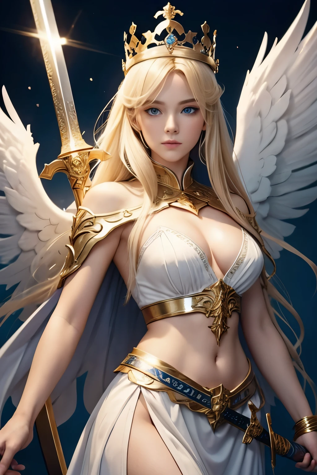 blue eyes,There are white angel wings on the back,wearing a crown,Sword in hand,The sword is facing upwards in front of the chest,White skin,金色gorgeous裙子,金色gorgeous的铠甲,female,long blonde hair,With the sky as a background,holy light,high quality,gorgeous,Golden fire magic surrounds his body