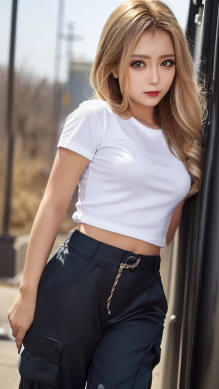 (生写真のような現実的なmasterpiece),((Photoreal)): 1.4, masterpiece, highest quality), ((Beautiful 15 year old girl)),((young face)),((height: 154cm)),((F cup bust)) ,((kind eyes)),(((droopy eyes))),((long blonde hair)),(Highly detailed face and skin texture), ((black skin)),(((looking at the viewer))),(A tight fitting white T-shirt:1.4), (Oversized cargo pants:1.4),Truck Driver,heavy truck,(heavy truckに乗ろうとする姿:1.5),Truck door,Truck tire wheels,Truck and woman,(no makeup:1.6)