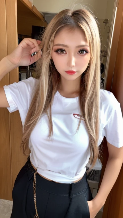 (生写真のような現実的なmasterpiece),((Photoreal)): 1.4, masterpiece, highest quality), ((Beautiful 15 year old girl)),((young face)),((height: 154cm)),((F cup bust)) ,((kind eyes)),(((droopy eyes))),((long blonde hair)),(Highly detailed face and skin texture), ((black skin)),(((looking at the viewer))),(A tight fitting white T-shirt:1.4), (Oversized cargo pants:1.4),Truck Driver,heavy truck,(heavy truckに乗ろうとする姿:1.5),Truck door,Truck tire wheels,Truck and woman,(no makeup:1.6)