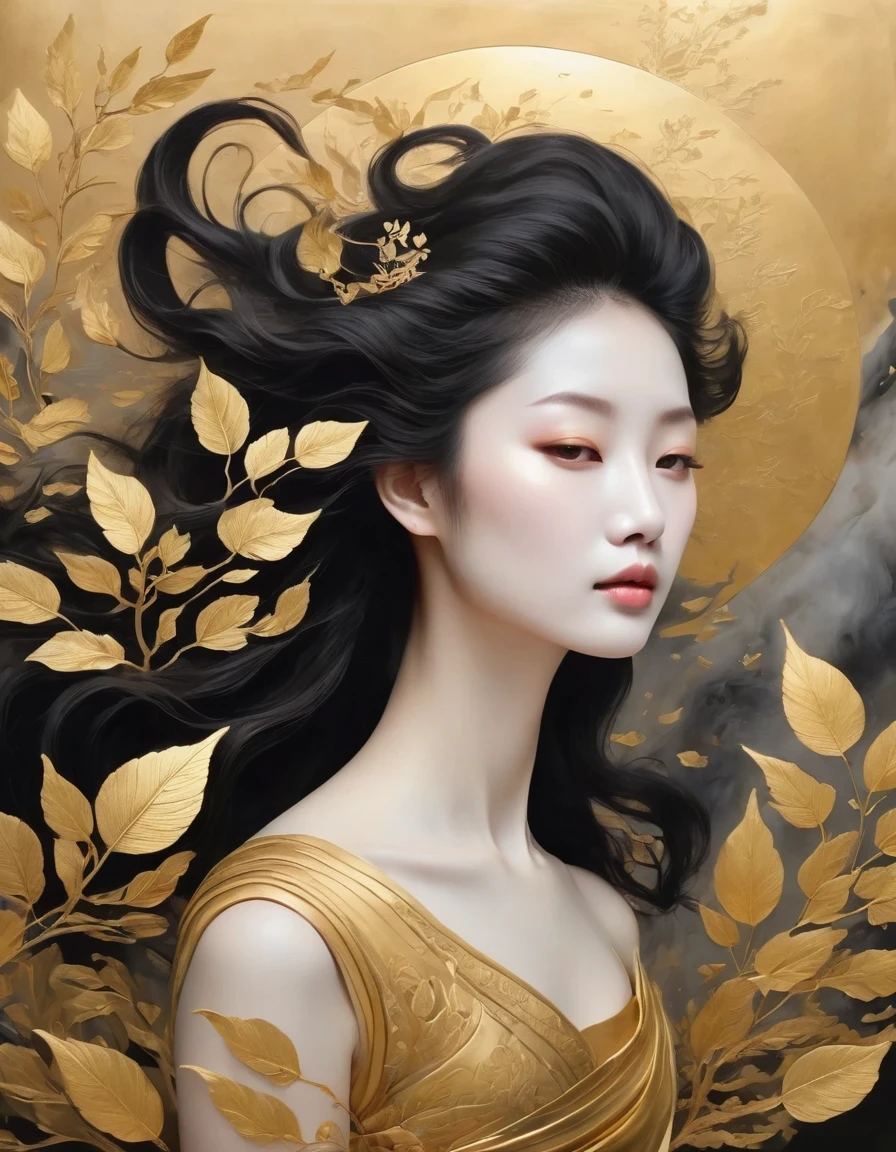 (gold leaf art:1.5)，A black and gold-rimmed giant hand fell from the sky, Dunhuang murals as background, minimalist, line art, From front and center to ghostly smoke, Transition from entity to ghost, Smart, powerful and calm, Rich in details, Psychedelic, fantastic, drama, Chinese ancient style, style, ink painting, fantasy, surreal, ethereal