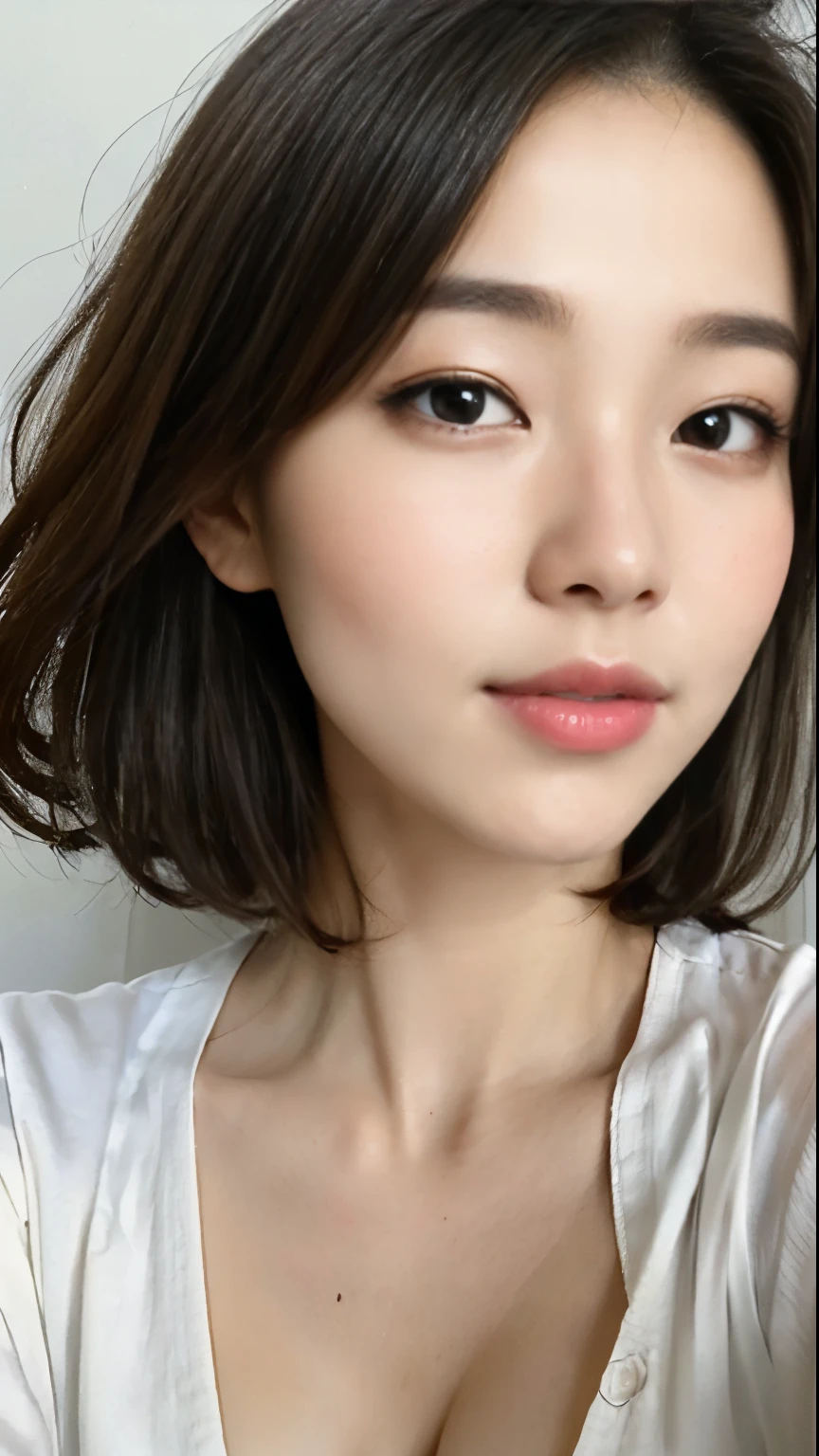 (masterpiece: 1.3), (8K, realistic, Raw photo, highest quality: 1.4), close up of face, portrait, Japanese, (one woman), beautiful face, (realistic face), (black hair, short hair: 1.3), Beautiful Hairstyles, realistic eyes, detailed and beautiful eyes, (realistic skin), beautiful skin, Charm, 超High resolution, Super realistic, High resolution, golden ratio, (detailed face: 1.2), looking at the viewer, smile, good cleavage white shirt, big breasts,