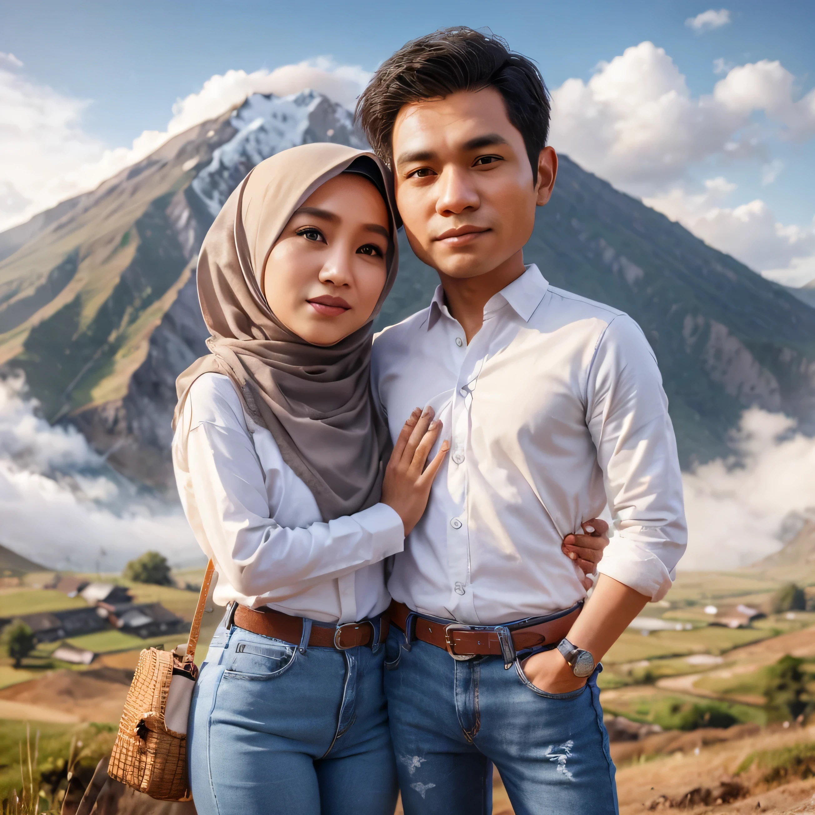 Indonesian husband and wife faces, wife wearing hijab, casual clothes, white shirt and blue jeans, embracing each other, intimate, mountain background, caricature style, 3d render