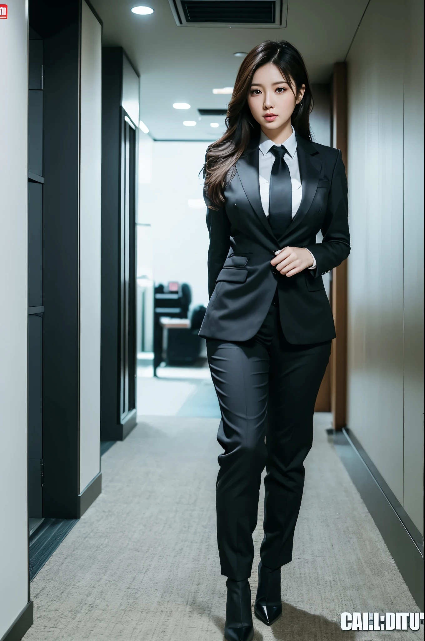 Beautiful busty Asian woman，Wearing《call of Duty》style, business suit，High heel，Full body image, Photos taken with a Canon EOS R5 DSLR camera, movie lighting, Super real photos, intricate details, Her face is very delicate，8k，high quality