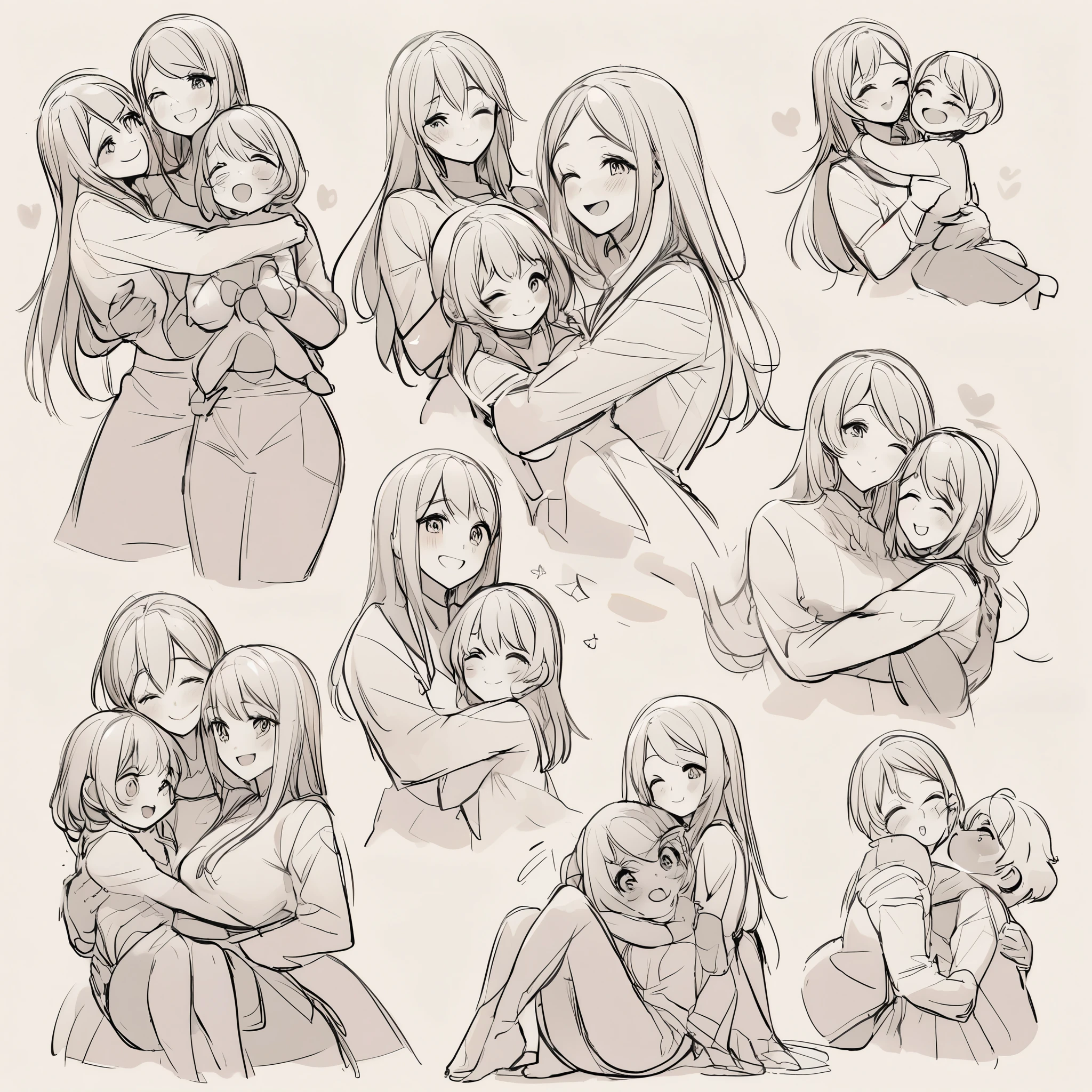 rough sketch, love story of human  girls and large animals, perfect anatomy, smile, joyful, play with, Princess carry, piggyback, assorted poses, hugs, smile, happy, assorted angles, assorted facial expression, full body,