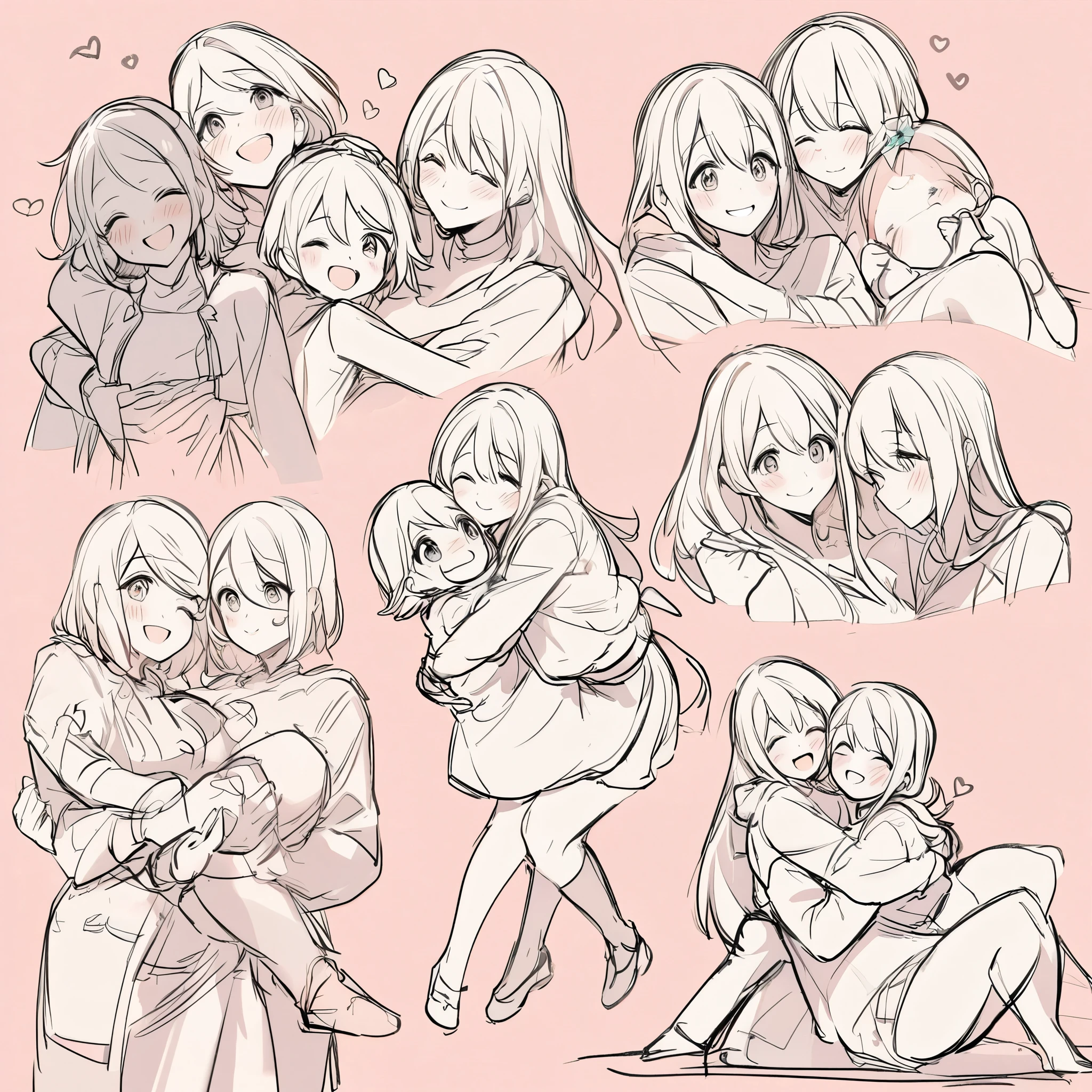 rough sketch, love story of human Children girls and large animals, perfect anatomy, smile, joyful, play with, Princess carry, piggyback, assorted poses, hugs, smile, happy, assorted angles, assorted facial expression, full body,