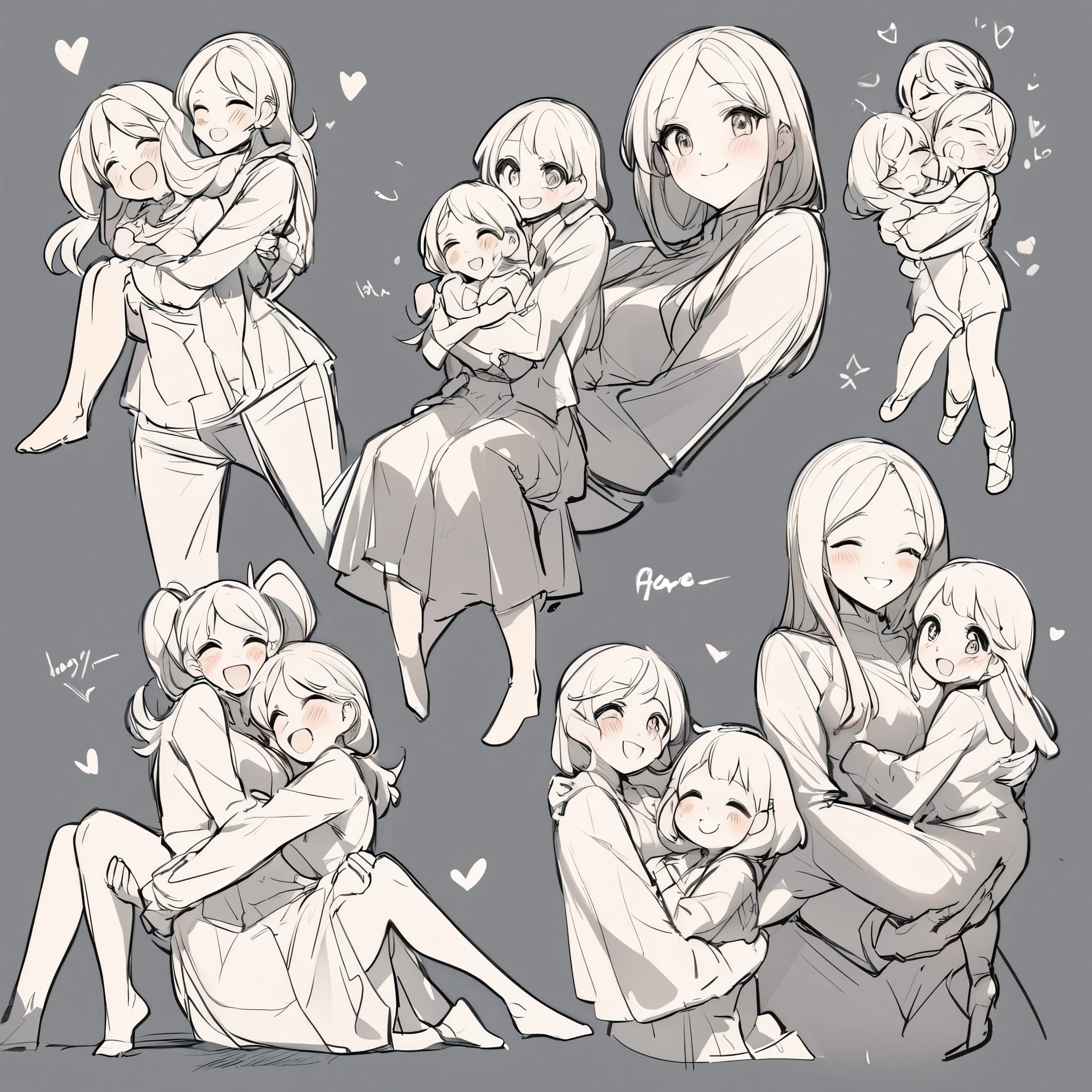 rough sketch, love story of human Children girls and large animals, perfect anatomy, smile, joyful, play with, Princess carry, piggyback, assorted poses, hugs, smile, happy, assorted angles, assorted facial expression, full body,