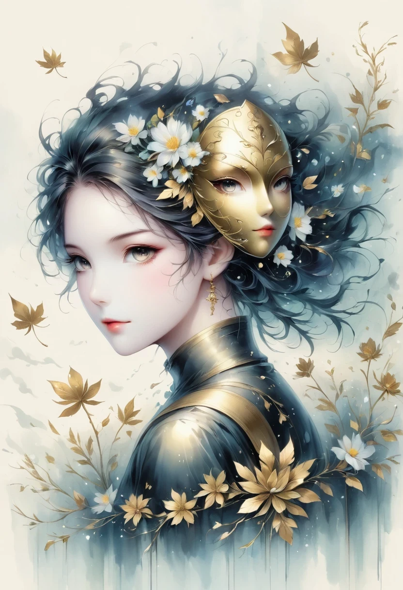 (gold leaf art:1.5),(Metallic luster:1.45),Minimalism,(line art:1.6),sketch,Charcoal drawing,Gold Foil Mask,flower,Illustration in surreal art style,surreal dream,Dubrec style,(multiple exposure:1.8),Dreams of happiness,