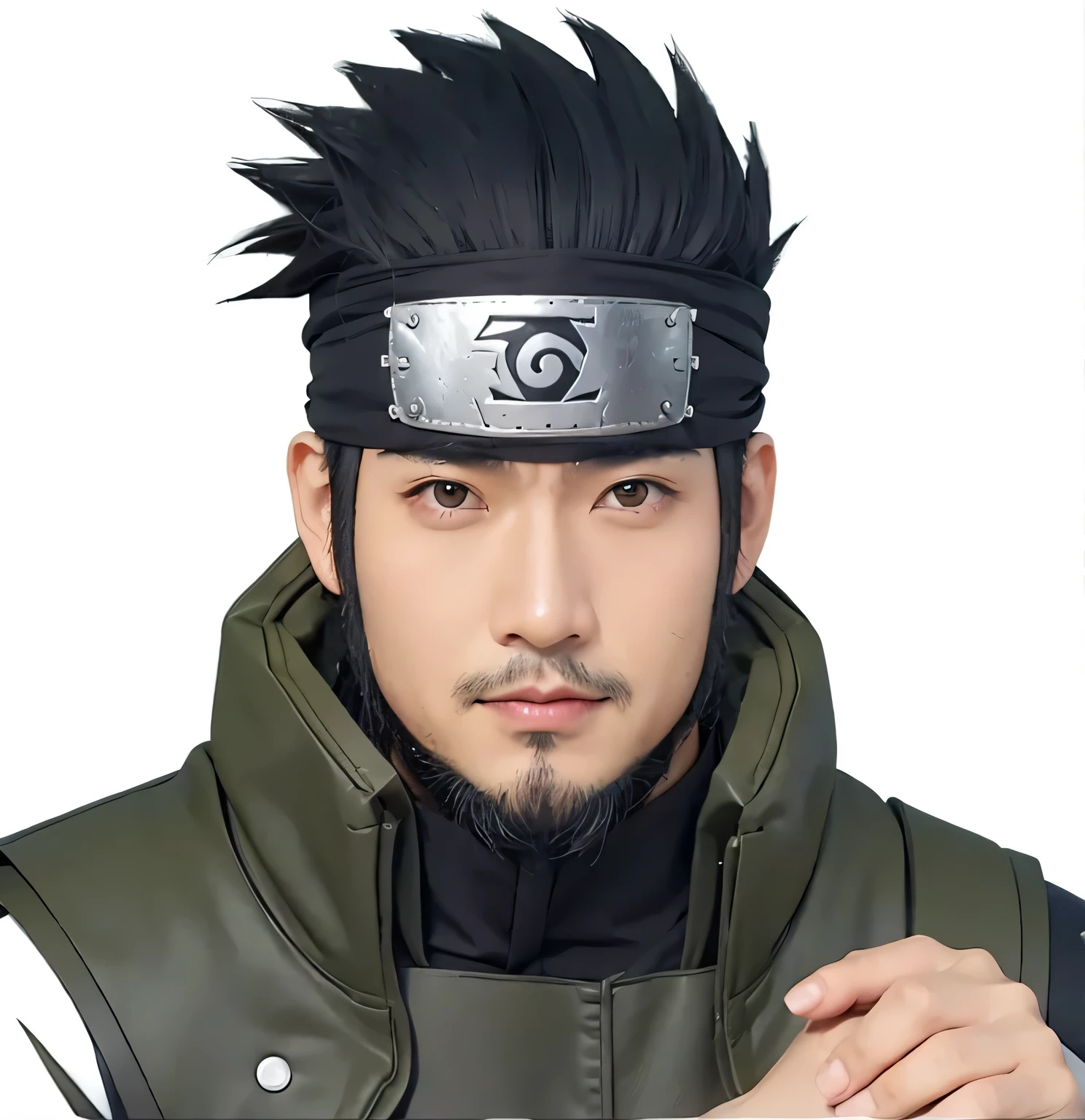 an asian man, black hair, beard, smirking, realistic, naruto, asuma sarutobi