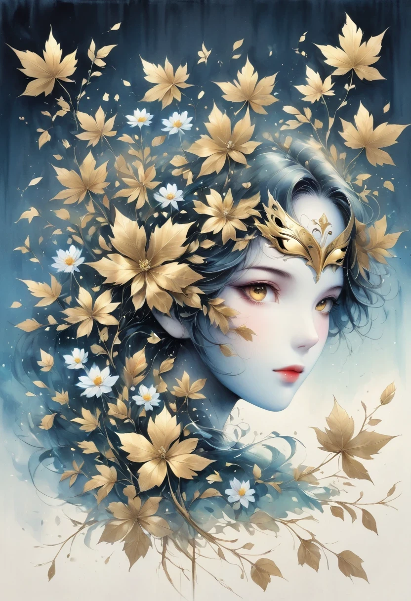 (gold leaf art:1.5),(Metallic luster:1.45),Minimalism,(line art:1.6),sketch,Charcoal drawing,Gold Foil Mask,flower,Illustration in surreal art style,surreal dream,Dubrec style,(multiple exposure:1.8),Dreams of happiness,