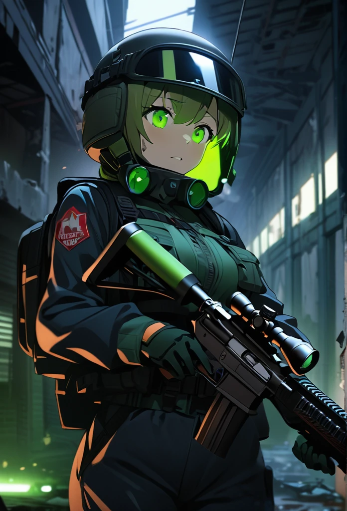 High quality, high definition images, full HD、8k.1 girl Short chestnut hair wearing US combat uniform Wear a helmet deeply, holding a rifle、Midnight city area, Put the starlight scope on your face,The scope glows green, a rifle is taken from an abandoned building,