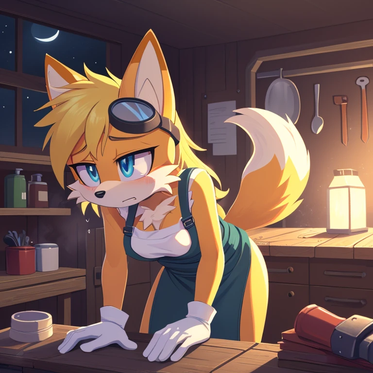 ((masterpiece)), high quality, ((2d, 2d art)), ((sharp, expressive eyes)), (detailed colors, detailed shading, (soft lighting)), detailed background, 1girl, Tails the Fox, yellow hair, (two tails), medium breasts, chest tuft, goggles, apron, work gloves, tool belt, workshop, tools, moonlight, arm support, exhausted, sweating, leaning forward