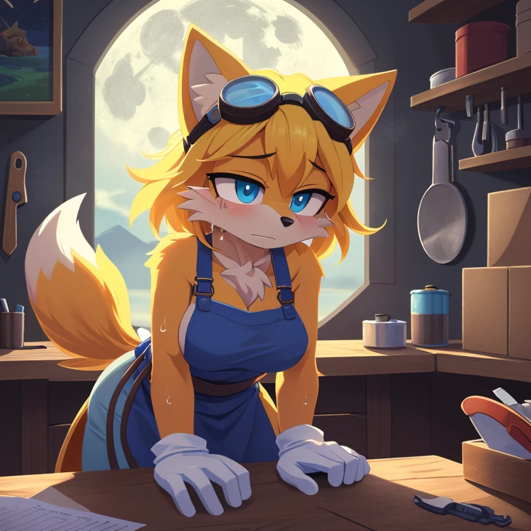 ((masterpiece)), high quality, ((2d, 2d art)), ((sharp, expressive eyes)), (detailed colors, detailed shading, (soft lighting)), detailed background, 1girl, Tails the Fox, yellow hair, (two tails), medium breasts, chest tuft, goggles, apron, work gloves, tool belt, workshop, tools, moonlight, arm support, exhausted, sweating, leaning forward