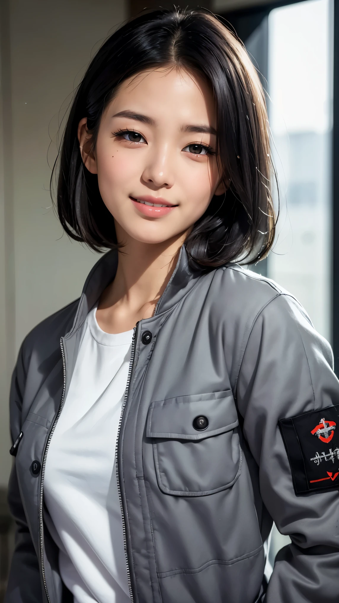 Realistic, masterpiece, highest quality, highest resolution, A portrait depicting only the upper body of a Japanese woman, A happy smile, slightly turned to the side, definitely looking at the audience, beautiful detailed eyes, black eyes, sparkling eyes, (hidden creased eyelids:1.2), thin eyebrows, Carefully draw eyelashes, natural makeup, middle hair, silver hair, detailed face, (Grey military jacket, MA-1:1.3)