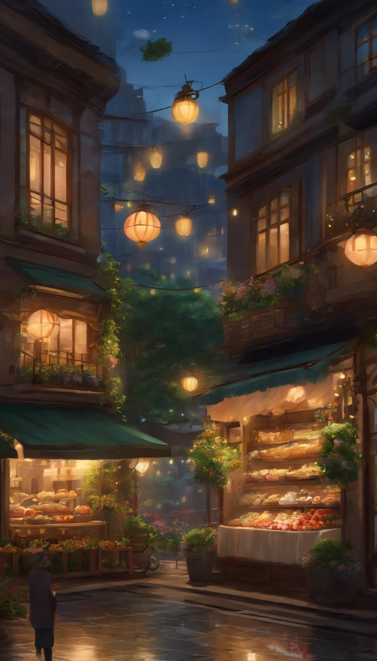 City flower shop, potted plant, flower, rainy night,Water reflection puddle,Oriental design, chandelier , number, Sunset,Finish,concept art, illustration, complex, A lot of people, chandelier, happy, beautiful colorful light, flower, plant ((tilset)) Anime-city street style scene, A woman waiting outside a store, anime background art, Detailed Landscape - Width 672, anime scenery concept art, Anime style cityscape, Studio Ghibli animation style, Studio Ghibli art style, Studio Ghibli Project, anime scenery, Studio Ghibli art style, landscape artwork, Beautiful anime scenery, Forest City Street, Ghibli art style, cake shop, cake shop, bakery cake shop, Xin Haicheng style, Makoto Shinkai animation, Shinkai Makoto's Artistic Style
