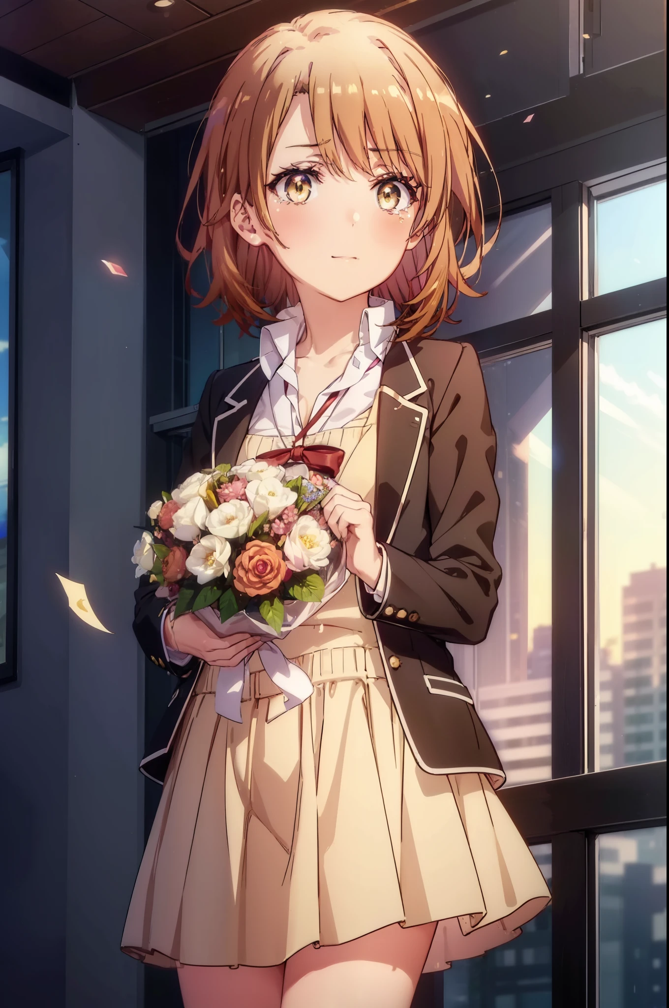 irohaisshiki, Isshiki Iroha, short hair, brown hair, (Brown ruby eyes:1.5), smile,blush,Tears running down her face,Tears of joy、I cry a lot、break skirt, shirt, ribbon, , Jacket, white shirt, open clothes, socks, open Jacket, black Jacket, plaid, knee high, plaid skirt, blazer, cardigan, black socks, pink cardigan,Holding a large bouquet in both hands ,birthday,A birthday cake is on the table,confetti,evening,sunset,The sun is setting,
break indoors,School　classroom ,
break looking at viewer,Upper body,(cowboy shot:1. 3)
break (masterpiece:1.2), highest quality, High resolution, unity 8k wallpaper, (shape:0.8), (beautiful and detailed eyes:1.6), highly detailed face, perfect lighting, Very detailed CG, (perfect hands, perfect anatomy),