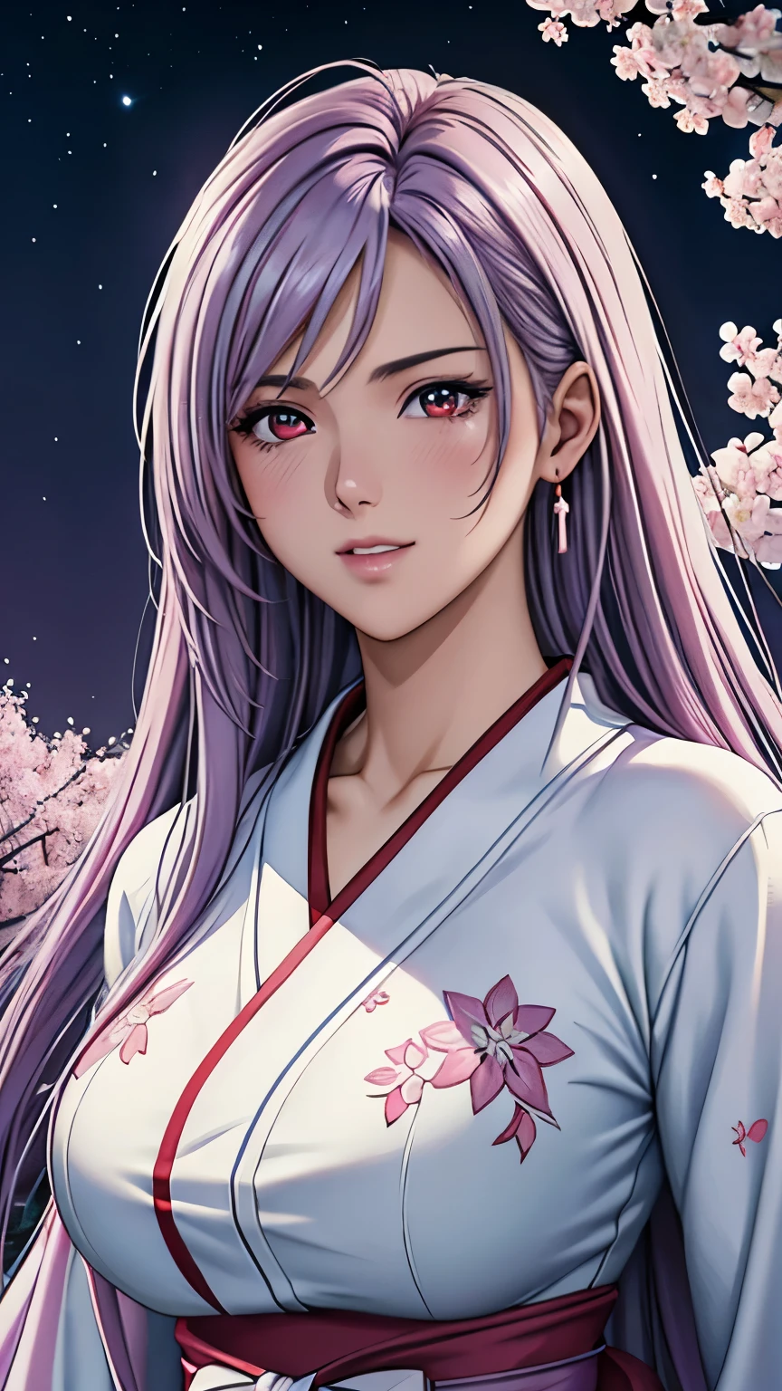 red eyes, (highest quality, masterpiece painting:1.3), immature woman, , (half body shot), masterpiece, ultra high resolution, (Photoreal:1.0), light purple hair,straight hair, beautiful shining hair, white and shining skin, ((Ultra realistic details)), octane rendering, highly detailed face, (big breasts:0.8), (make a heart with hands),((Translucent white robe), (pink feather robe,Layering), White cherry blossom embroidery pattern, silver earrings,(milky way galaxy), Hair flutters under the influence of the wind, Japanese garden with beautiful cherry blossoms at night, Mysterious night sky, Beautiful Landscapes, sharp focus, intricate details, professional artwork, (bright colors:1.1), bright colors, diffused lighting, digital blending, ultra-definition body, ultra detail hair, super detailed face, that'It's trending on pixiv, top button open, Cute gaze, compensate, perfect lips, perfect compensate, Ultra-precision coating, (light_smile:0.8), (Very embarrassed:1.2), blush your nose,