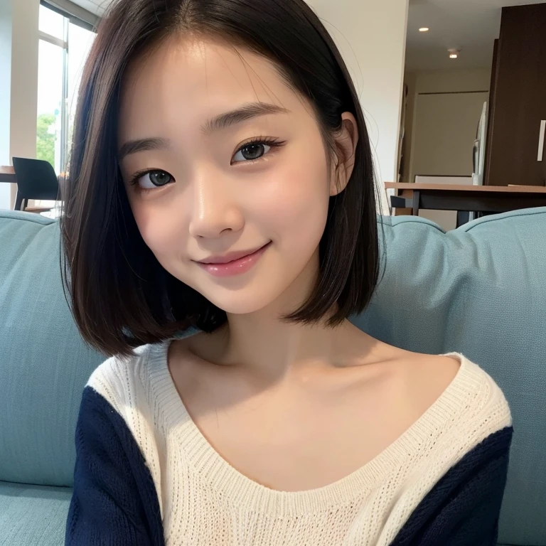 The eyes of a beautiful young Japanese woman wearing a navy blue sweater and white shorts, lying on a blue sofa, looking at me and smiling childishly. Focal length 100mmf/2.8, spring day, sunny, living room on the upper floor of a high-rise apartment, ideal light source, well-shaped face, toned body, close-up of expression, sense of presence, 8K image quality, highest quality.