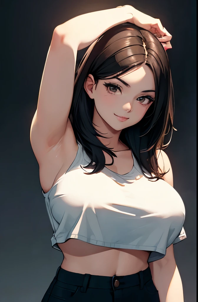 (best quality, masterpiece:1.2), Sketch full view of a hot looking fair skin 29 year old woman standing in front of us. She has brown eyes and short straight black hair. She has big breasts, playful smile. She has a nice curvy physique. She is wearing a crop top and lowrider shorts. Underboob showing. Apartment background. Shading. Lighting. Dynamic pose.