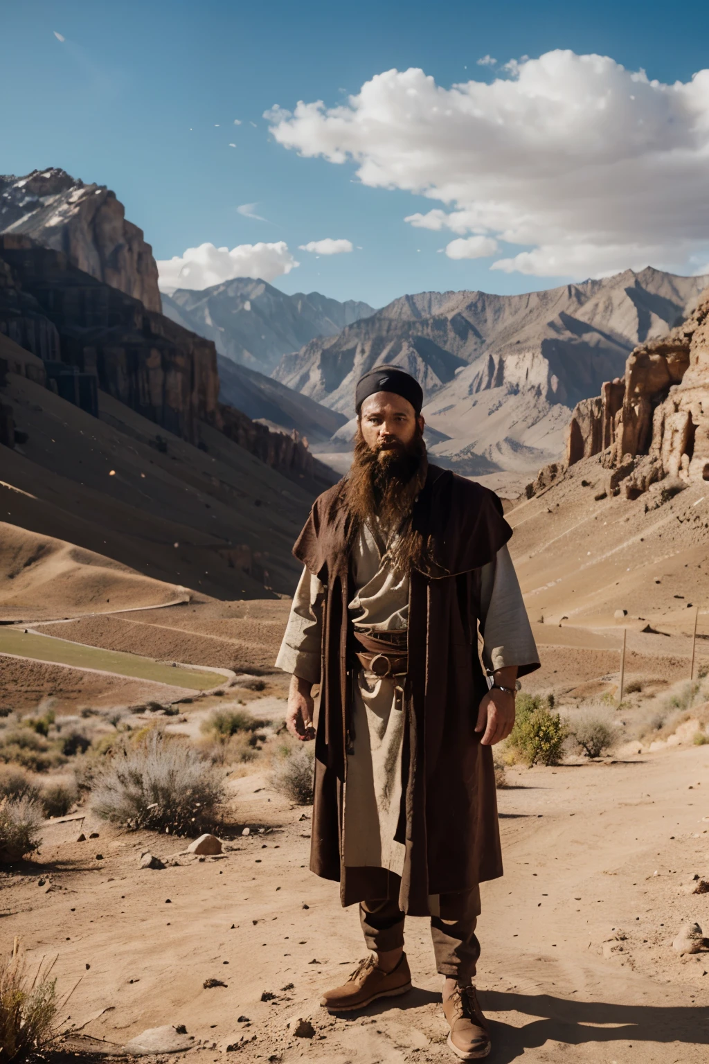 biblical character, male called Moses, around 30 years old, with Hebrew tunic, brown hair and brown beard, images of Moses living in the desert, to show the mountainous scenery with the mountain on fire, hyper realistic style, 8K, ultra HD, Disney style ,4D cinema