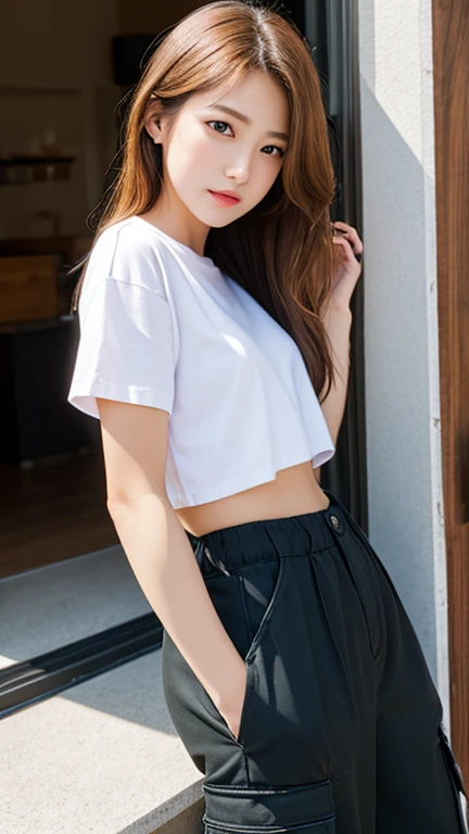 (生写真のような現実的なmasterpiece),((Photoreal)): 1.4, masterpiece, highest quality), ((Beautiful 15 year old girl)),((young face)),((height: 154cm)),((F cup bust)) ,((kind eyes)),(((droopy eyes))),((long blonde hair)),(Highly detailed face and skin texture), ((black skin)),(((looking at the viewer))),(A tight fitting white T-shirt:1.4), (Oversized cargo pants:1.4),Truck Driver,heavy truck,(heavy truckに乗ろうとする姿:1.5),Truck door,Truck tire wheels,Truck and woman,(no makeup:1.6)