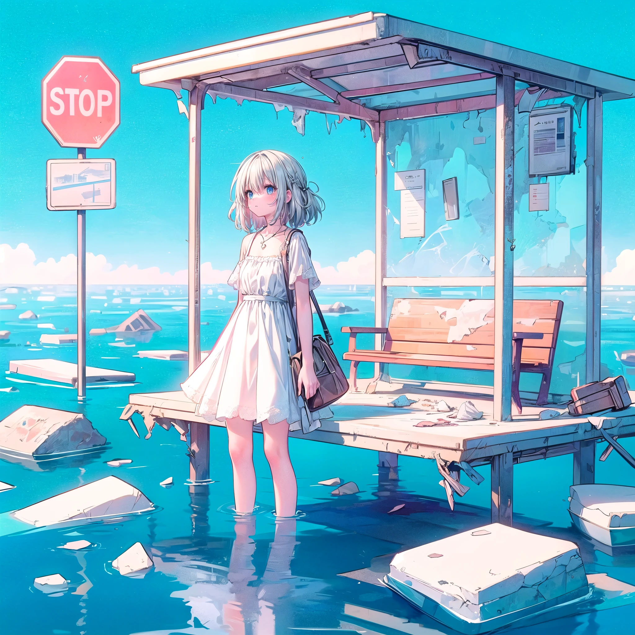 masterpiece, best quality, high resolution, extremely detailed CG, Post-apocalyptic, a girl in a white dress on a broken white platform on the sea,  a deserted bus stop on the platform, a few pieces of concrete scattered in the water, blue sky, fresh, simple, pastel colors