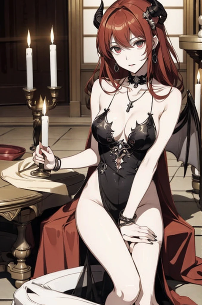 ((highest quality)), ((masterpiece)), (be familiar with), perfect face、The Enchanting Body of Celica（FE）、Red hair、best proportions、semi-long、necklace、bangle、Caster wheel、circlet、luxury accessories、first round、naked、Fallen into evil、Soul-draining、blank look、Engagement Rings、empty eyes、not wearing clothes、naked、open your legs wide、pussy、Laid on a golden altar、Ritual of Summoning Demons、dark room、Red magic circle on the floor、Lots of candlesticks and candles、sacrifice、darkness、black sheets、Devil's Altar、悪魔へのsacrifice、naked、Suspicious rituals、Skull Object、Big magic circle on the floor、Skull Candlestick、luxury jewelry、Offered on the altar、Be baptized by the devil、naked、、Skeleton Crown、Large black decorated gemstone pendant、empty eyes、Give your soul to the devil、Make a deal with the devil、naked、black see-through、Racy Leotard Dress、Demon Priest、Devil's horns grow、The devil&#39;s wings grow