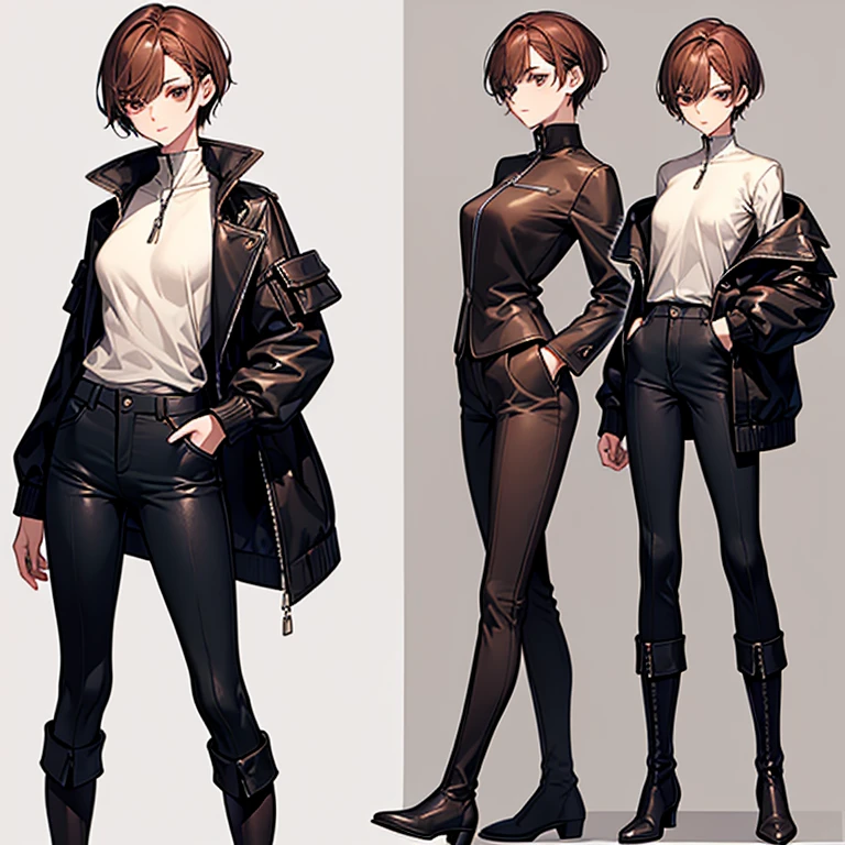 masterpiece、delicate details、Slender beauty、tall、slim、I like the style、small breasts、Sharp Eyes、older sister、pixie cut、short nape、Oversized zip-up jacket、Tight skinny pants、Thick-soled boots、Reddish brown hair、