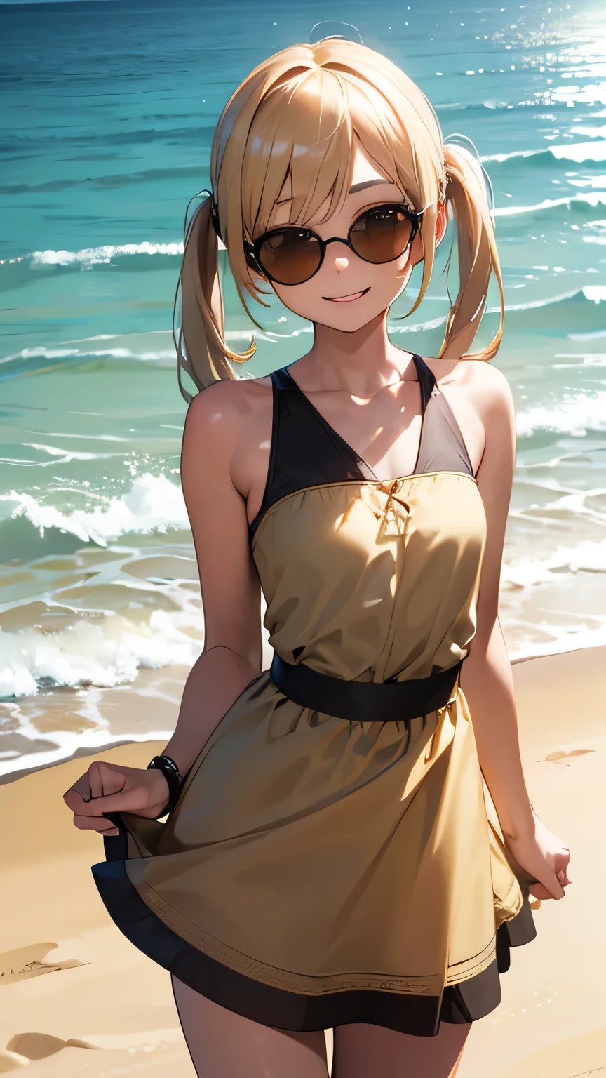 (Best quality, dynamic lighting, highly detailed, HDR, 8K) Blonde haired young woman, cute, pretty, mature, short, twintail, brown eyes, skinny, small breasts, summer dress, sleeveless, sunglasses, smiling, beach background.
