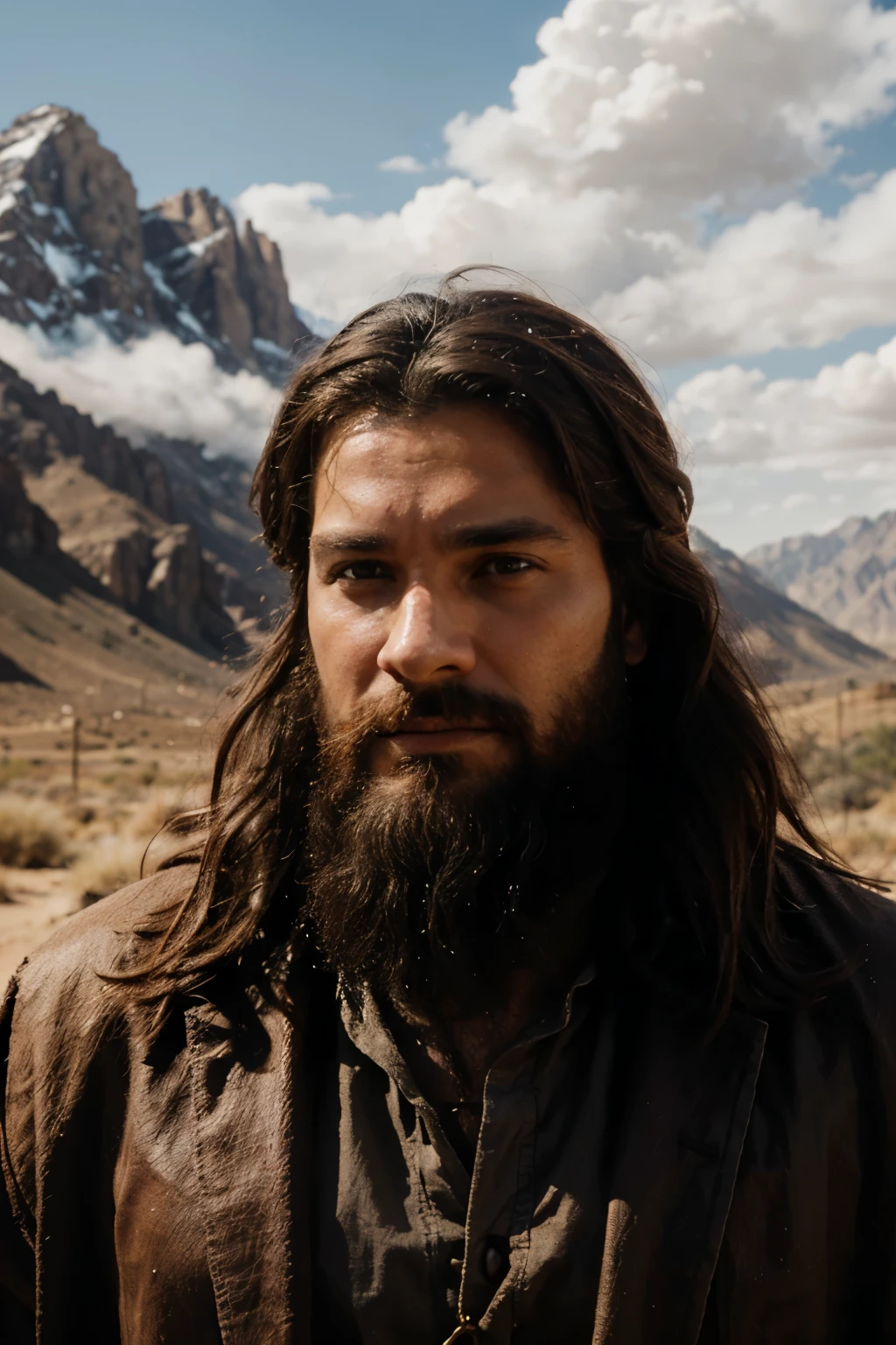 biblical character, male called Moses, around 30 years old, with Hebrew tunic, brown hair and brown beard, images of Moses living in the desert, to show the mountainous scenery with the mountain on fire, hyper realistic style, 8K, ultra HD, Disney style ,4D cinema