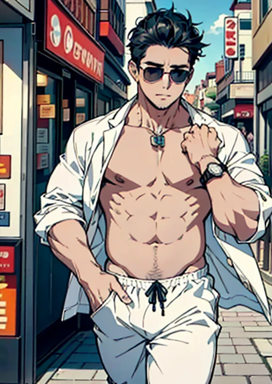 1 Personalidade masculina, gordo barriga avantajada coxas extremamente grossas, fazendo compras nas ruas da cidade, he is undressed wearing only white swim trunks and a watch.cords on the neck. pulseira no pulso