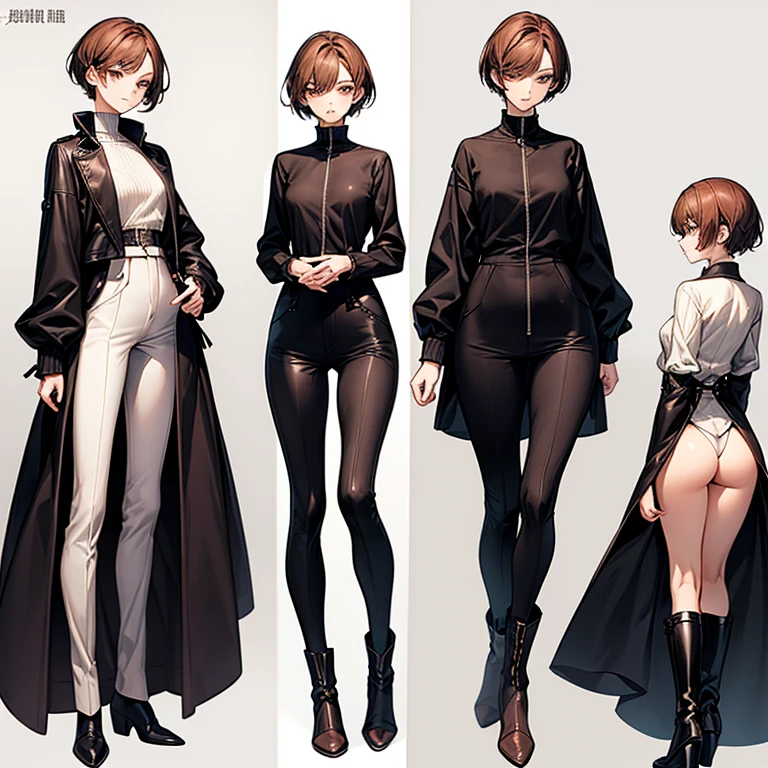 masterpiece、delicate details、Slender beauty、tall、slim、I like the style、small breasts、Sharp Eyes、older sister、pixie cut、long side、short nape、Oversized zip-up jacket、Tight skinny pants、Thick-soled boots、Reddish brown hair、