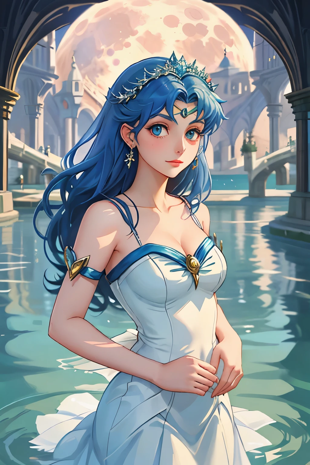 arafed woman in a white dress standing in water with a crescent, airmax12, a gouache inspired by Victor Mosquera, tumblr, fantasy art, the sailor moon. beautiful, lunar goddess, moon goddess, in style of charlie bowater, goddess of the moon, ✨🕌🌙, corpse bride art style, style of charlie bowater, charlie bowater art style