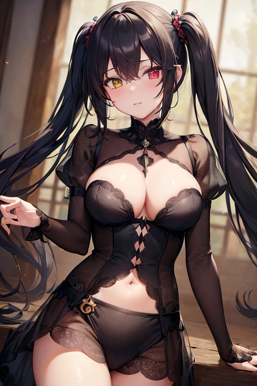 (Masterpiece, 8k, Best Quality, Highly detailed, depth of field:1.4), 1girl, yellow eyes, heterochromia, red eyes, rating: sensitive, , black hair, twintails, hair over right eye