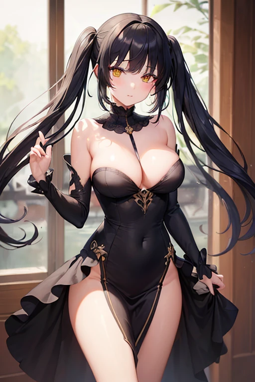 (Masterpiece, 8k, Best Quality, Highly detailed, depth of field:1.4), 1girl, yellow eyes, heterochromia, red eyes, rating: sensitive, , black hair, twintails, hair over right eye