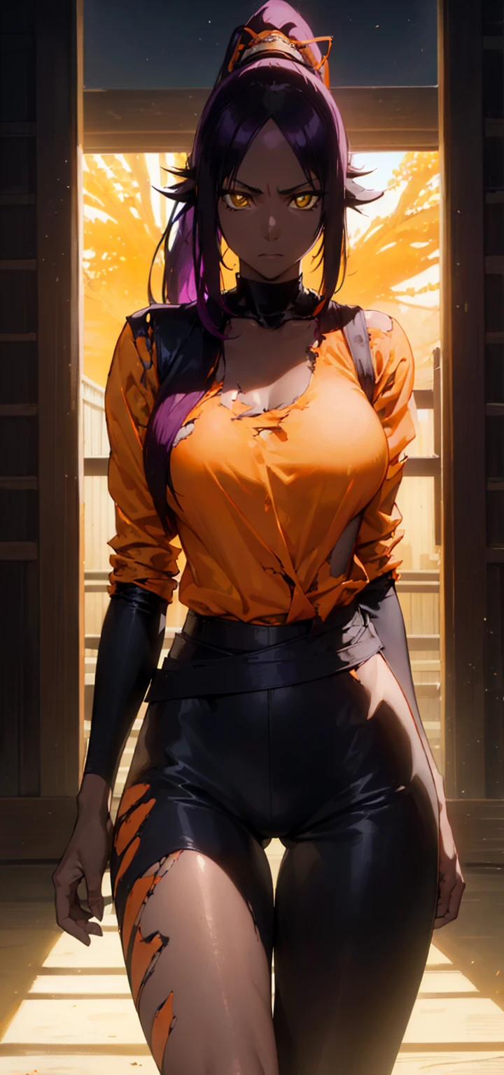 yoruichishihouin, Yoruichi Shihouin, long hair, (yellow eyes:1.5), ponytail, purple hair, black skin, 浅black skinの女性,
break bodysuit, Topless、Breasts fully visible、big areola, (orange shirt:1.5), torn clothes、Clothes torn、
break outdoors,
break looking at viewer, (cowboy shot:1.5),
break (masterpiece:1.2), highest quality, High resolution, unity 8k wallpaper, (figure:0.8), (detailed and beautiful eyes:1.6), highly detailed face, perfect lighting, Very detailed CG, (perfect hands, perfect anatomy),NSFW