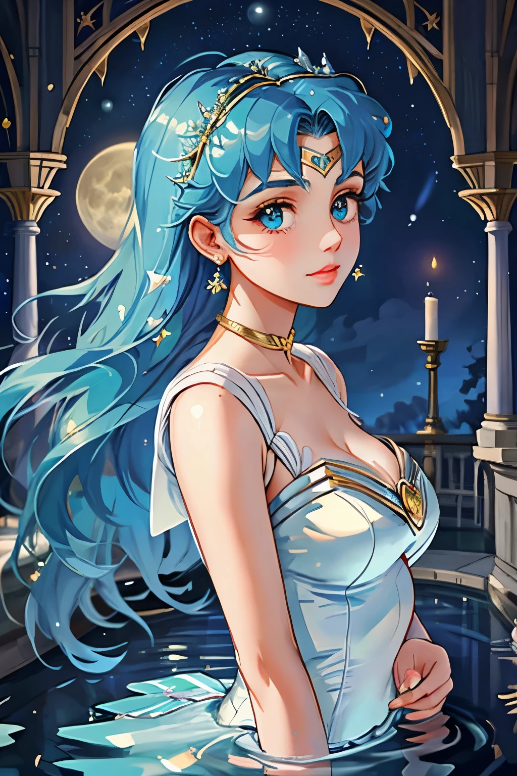 arafed woman in a white dress standing in water with a crescent, airmax12, inspired by Victor Mosquera, the sailor moon. beautiful, lunar goddess, moon goddess, in style of charlie bowater, goddess of the moon, ✨🕌🌙, corpse bride art style, style of charlie bowater, by Caroline Chariot-Dayez, inspired by Sailor Moon