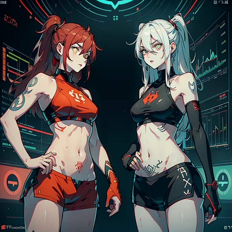 work of art, best qualityer, ultra detali, illustration, epic lighting, film composition, 1 girl, cute, red sclera,red pupils, cyborg, tatoo, hair green, colored fur, breasts small, Black jacke, standing, legs apart hands with black gloves with yellow details, lovely gaze, captivating pose, trunk:1.1, gazing at viewer, pretentious smile, cloused mouth, plein-air, citys, cyber punk, neon lights, Street, (natta, tenebrosa, tenebrosaness, tenebrosa como breu, eyeshadows:1.4), (8K:1.1),  