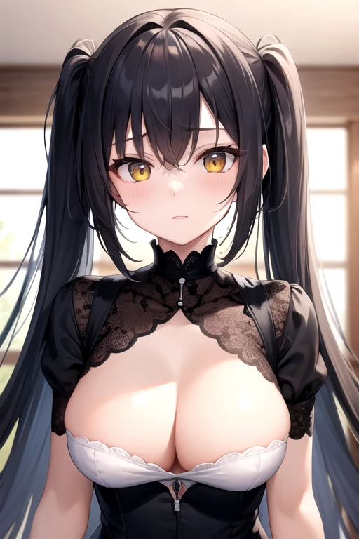 (Masterpiece, 8k, Best Quality, Highly detailed, depth of field:1.4), 1girl, yellow eyes, heterochromia, red eyes, rating: sensitive, , black hair, twintails, hair over right eye
